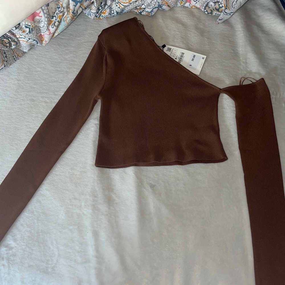Zara Brown long sleeve one shoulder top